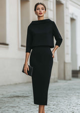Women’s Boat Neck Midi Skirt Set with Elegant 3/4 Sleeves