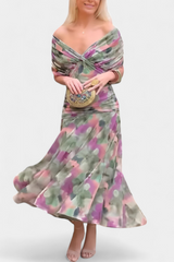 Elegant Off-Shoulder Floral Midi Dress - Lightweight Flowy Summer Party Dress
