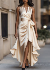 Women’s Satin Halter Neck Gown with Asymmetric Ruffles