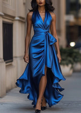 Women’s Satin Halter Neck Gown with Asymmetric Ruffles