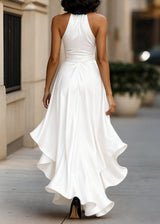 Women’s Satin Halter Neck Gown with Asymmetric Ruffles