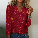 Glittering Sequin V-Neck Knit Top — Feminine & Festive Evening Wear