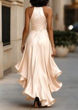 Women’s Satin Halter Neck Gown with Asymmetric Ruffles