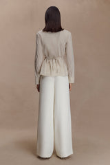 Women's Beige Button-Down Shirt with Thin Stripes, Back Tie and Gathered Waist