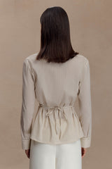 Women's Beige Button-Down Shirt with Thin Stripes, Back Tie and Gathered Waist