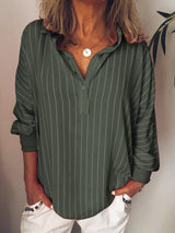 Long-Sleeved Striped Shirt Blouse with Half-Button Closure