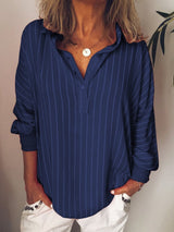Long-Sleeved Striped Shirt Blouse with Half-Button Closure