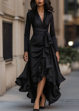 Women's Satin Wrap Dress High Low Ruffle Detail