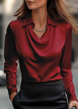 Women’s Satin Blouse with Draped Cowl Neckline and Collar