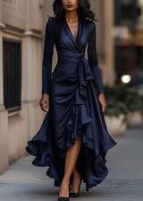 Women's Satin Wrap Dress High Low Ruffle Detail
