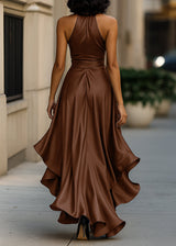 Women’s Satin Halter Neck Gown with Asymmetric Ruffles