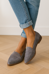 Women's Grey Suede-Look Loafers with Low Heel