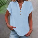 Loose Summer Blouse with V-Neck and Buttons – Short-Sleeved and Timeless