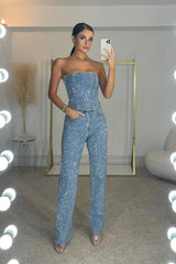 Strapless Festive Pant Set with Shimmering Details