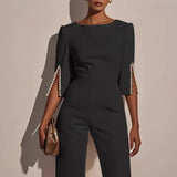 Women’s Tailored Wide Leg Jumpsuit with Pearl Embellished Split Sleeves