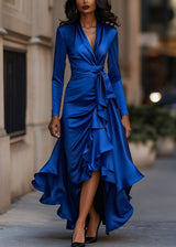 Women's Satin Wrap Dress High Low Ruffle Detail