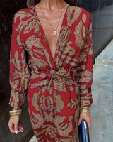 Midi Wrap Dress with Leaf Print