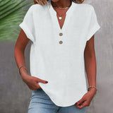 Loose Summer Blouse with V-Neck and Buttons – Short-Sleeved and Timeless