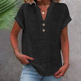 Loose Summer Blouse with V-Neck and Buttons – Short-Sleeved and Timeless