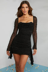 Long-sleeved mini-dress with decorated collar