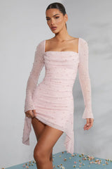 Long-sleeved mini-dress with decorated collar