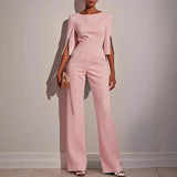 Women’s Tailored Wide Leg Jumpsuit with Pearl Embellished Split Sleeves