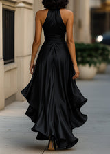 Women’s Satin Halter Neck Gown with Asymmetric Ruffles