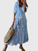 Women's vintage boho summer dress with floral print, V-neck and flowy maxi skirt