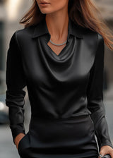 Women’s Satin Blouse with Draped Cowl Neckline and Collar