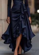 Women's Satin Wrap Dress High Low Ruffle Detail