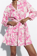Short Floral Dress with Adjustable Waist and Wide Sleeves