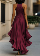 Women’s Satin Halter Neck Gown with Asymmetric Ruffles