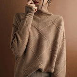 Soft Check-Pattern Turtleneck Sweater with Plush Fabric