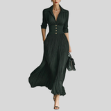 Womens Pleated Maxi Dress with Lapel and High Waist