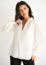 Women's White Dobby Blouse – Ruffle Collar and Long Sleeves