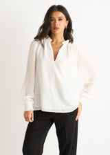 Women's White Dobby Blouse – Ruffle Collar and Long Sleeves