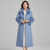 Elegant Blue Long Winter Coat with Faux Fur Collar & Cuffs - Wool Blend - Classic Straight Cut