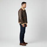 Men’s Shearling Leather Aviator Jacket with Faux Fur Lining and Zip Front