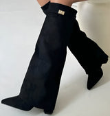 Knee-High Women's Suede Boots with Block Heel and Elegant Buckle