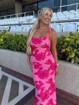 Long Fitted Dress with Floral Details and Tie Straps