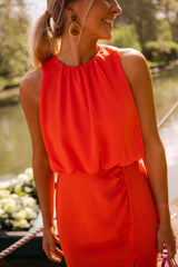 Women's Sleeveless High Neck Midi Dress with Slit – Elegant Summer Style