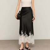 Women's Satin Midi Skirt with Contrast Lace Trim