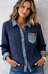Chemise Tricotée Chic avec Détails Denim | Femme - Bleu