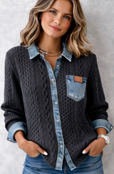Chemise Tricotée Chic avec Détails Denim | Femme - Noir
