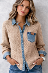 Chemise Tricotée Chic avec Détails Denim | Femme - Beige