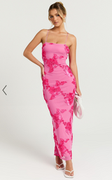 Long Fitted Dress with Floral Details and Tie Straps
