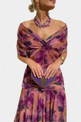Elegant Off-Shoulder Floral Midi Dress - Lightweight Flowy Summer Party Dress