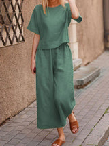 Women's Two-Piece Summer Outfit – Crew Neck T-Shirt & Wide-Legged Pants