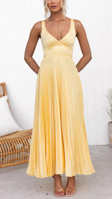 Elegant Pleated Dress in Sun Yellow – Sleeveless with V-Neck & Flowing Silhouette