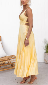 Elegant Pleated Dress in Sun Yellow – Sleeveless with V-Neck & Flowing Silhouette
